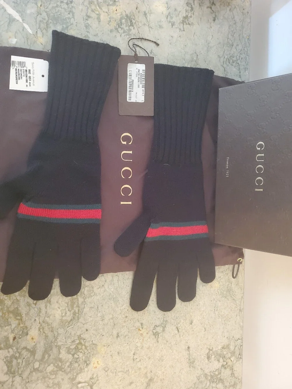 Gucci Black Knit Gloves with Red & Green Stripe